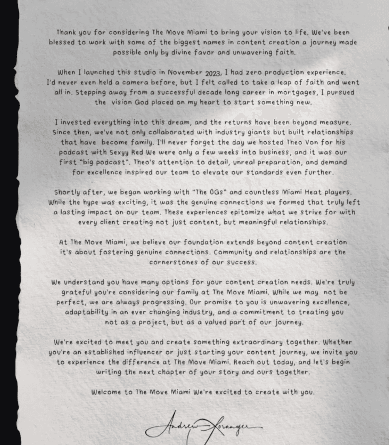 A letter from Drew Loranger, founder of The Move Miami